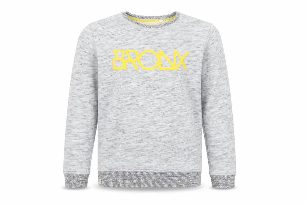 Front view of Next boys’ grey sweatshirt 13 years graphic bronx logo pullover crew neck