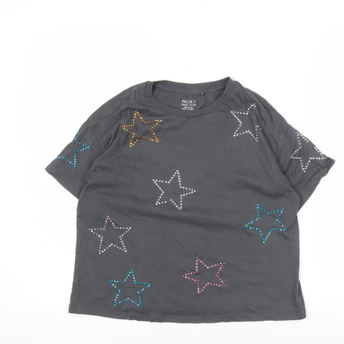 Next Girls Black Star Studded Cotton T-Shirt Age 9 Crew Neck Casual