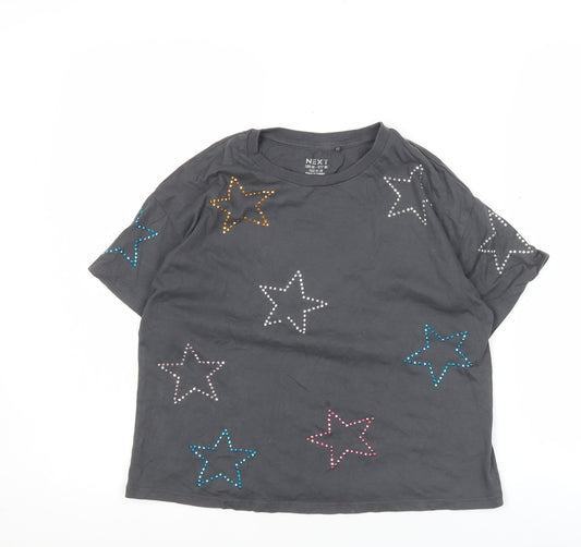 Next Girls Black Star Studded Cotton T-Shirt Age 9 Crew Neck Casual