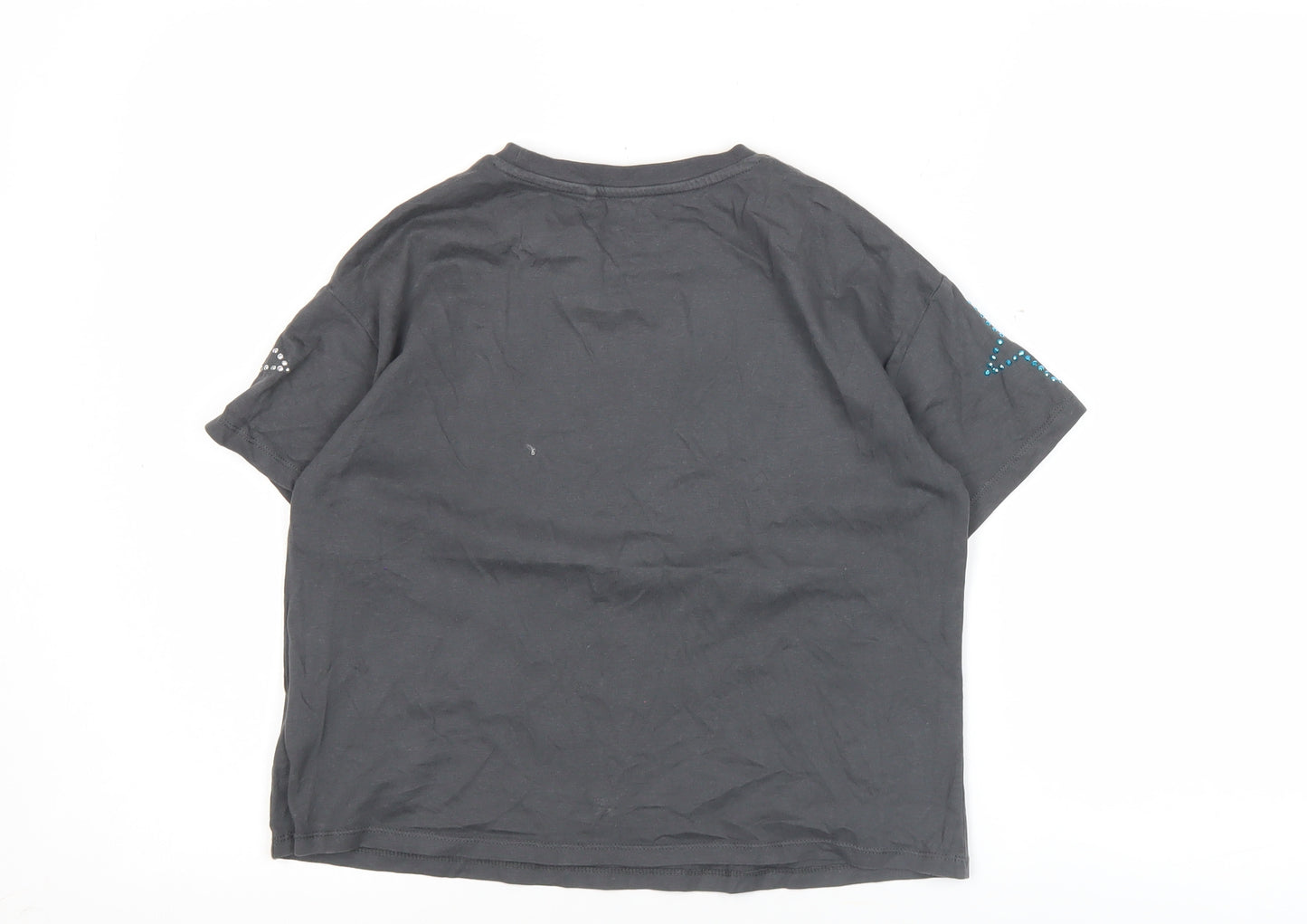 Next Girls Black Star Studded Cotton T-Shirt Age 9 Crew Neck Casual