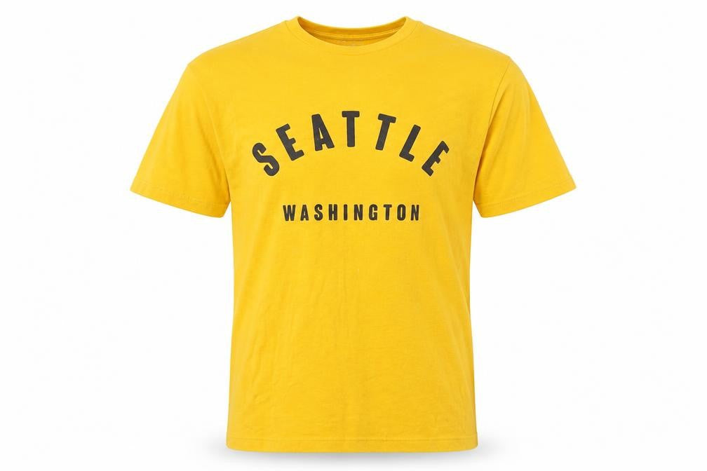 Front view of Primark Men's Yellow Seattle Washington Graphic T-Shirt, size S