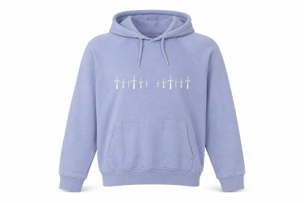 Front view of SOL'S Women's Blue XS Pullover Hoodie Wind Turbine Print