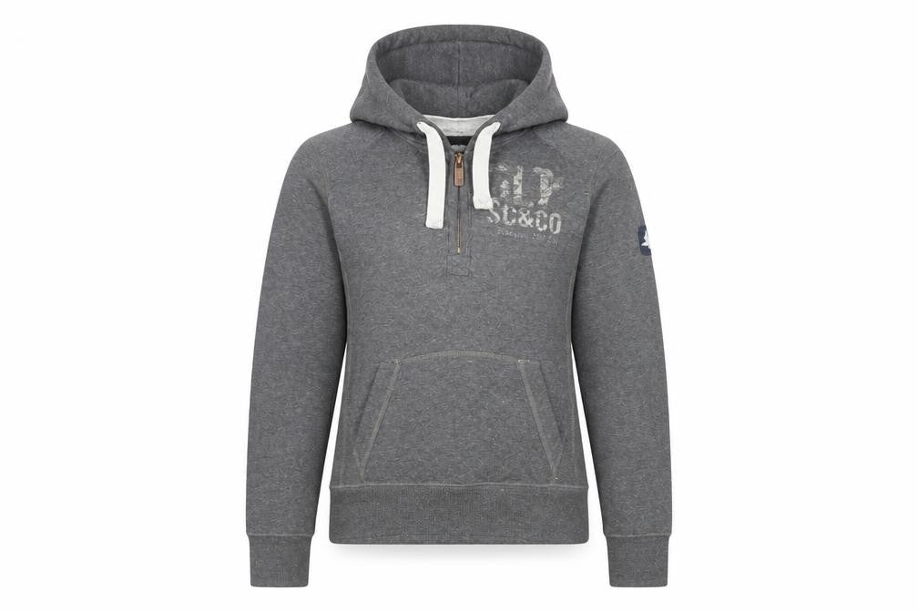 Front view of SoulCal women’s grey hoodie, size UK 12, pullover 1/4 zip logo