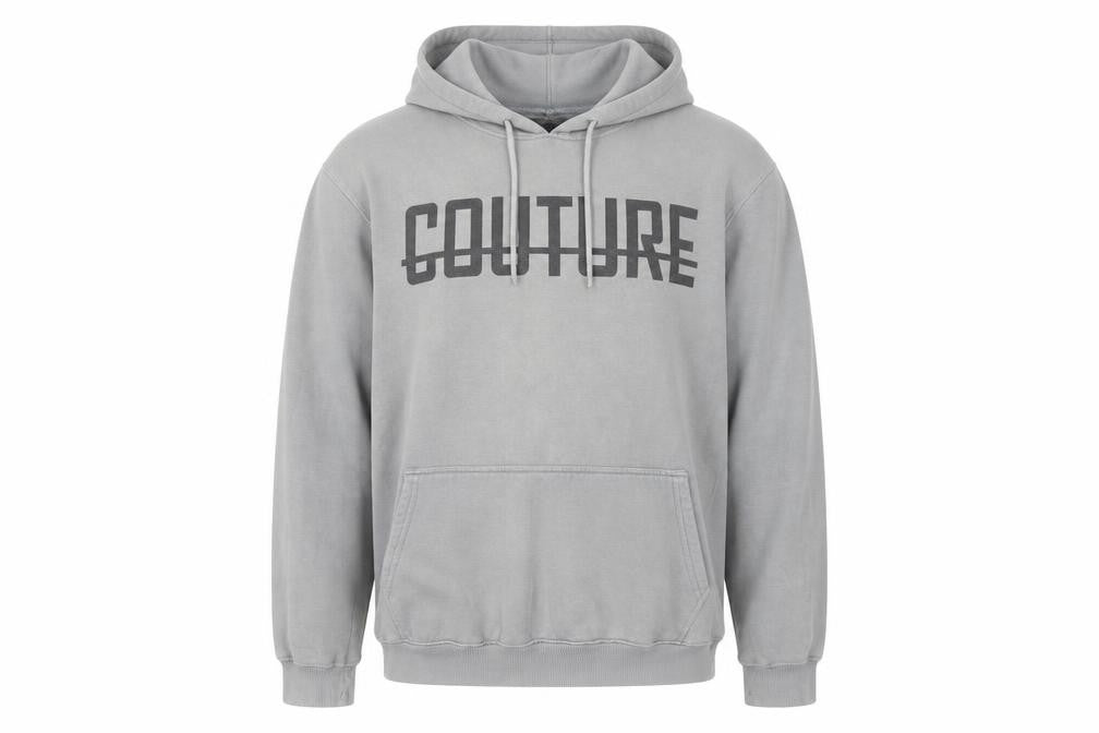 Front view of Fresh Couture men’s grey pullover hoodie l logo print