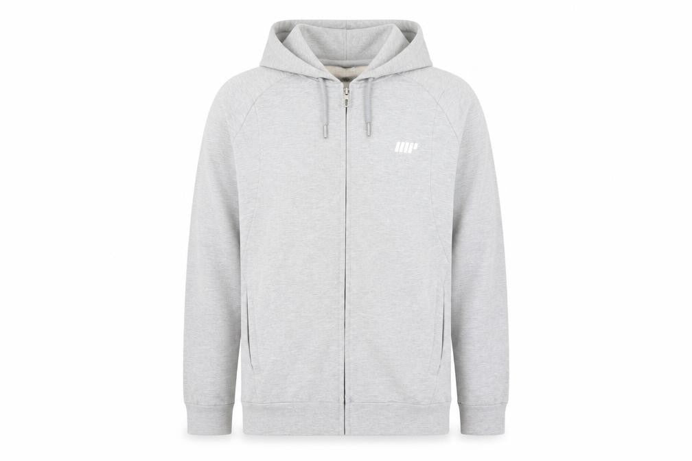 Front view of MyProtein Men’s Grey Full Zip Hoodie, size M, Regular Fit