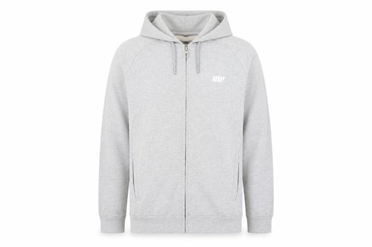 Front view of MyProtein Men’s Grey Full Zip Hoodie, size M, Regular Fit