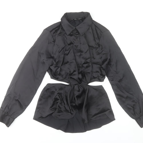 Zara Women Black Satin Cropped Button-Up Shirt Size S