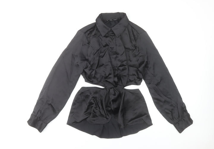 Zara Women Black Satin Cropped Button-Up Shirt Size S