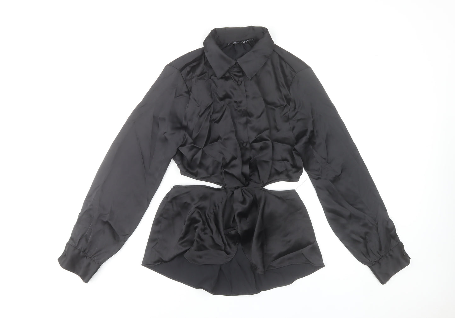 Zara Women Black Satin Cropped Button-Up Shirt Size S