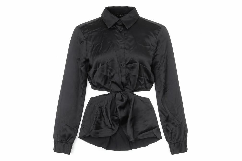 Front view of Zara Women Black Satin Cropped Button-Up Shirt, size S