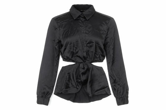 Front view of Zara Women Black Satin Cropped Button-Up Shirt, size S