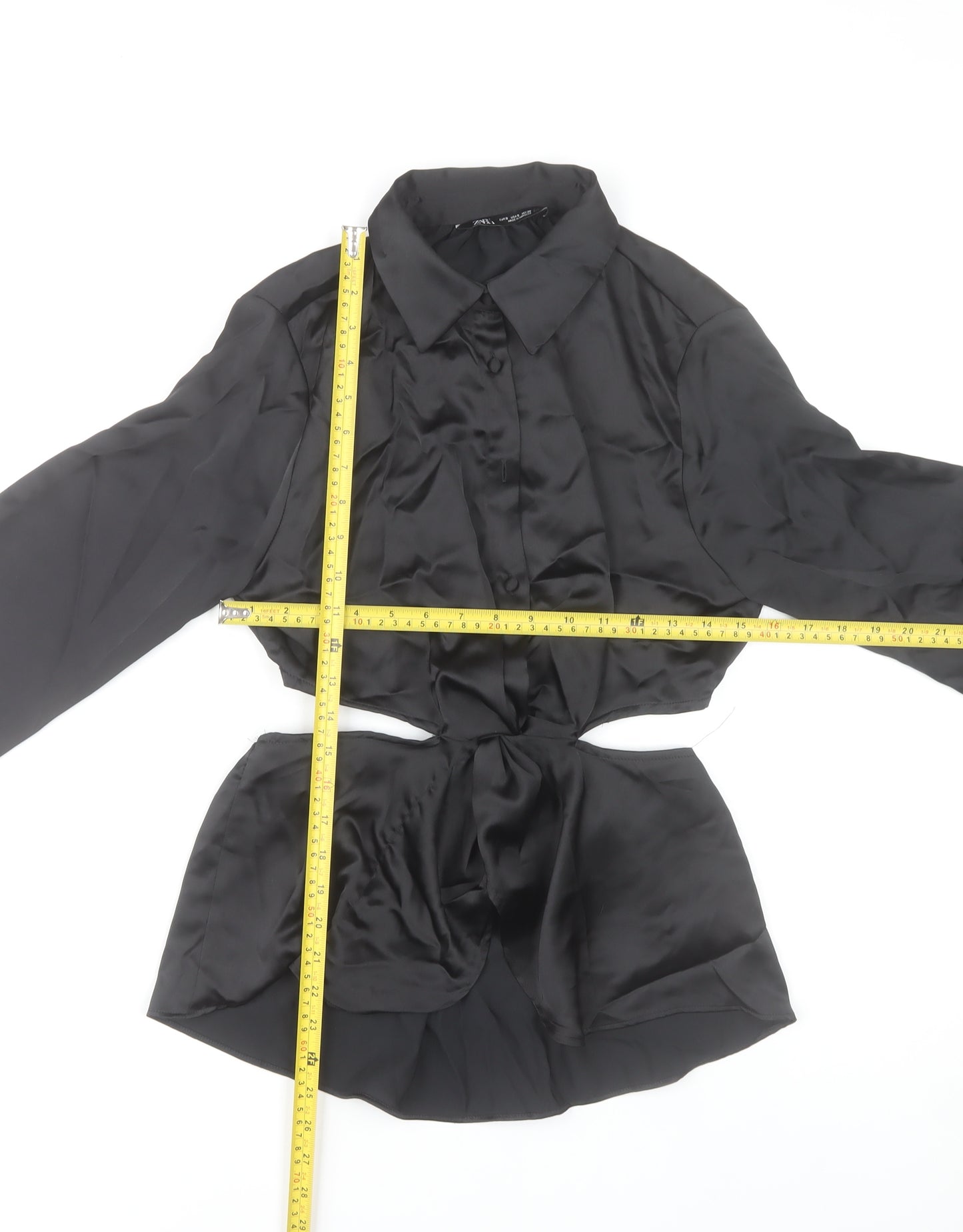 Zara Women Black Satin Cropped Button-Up Shirt Size S