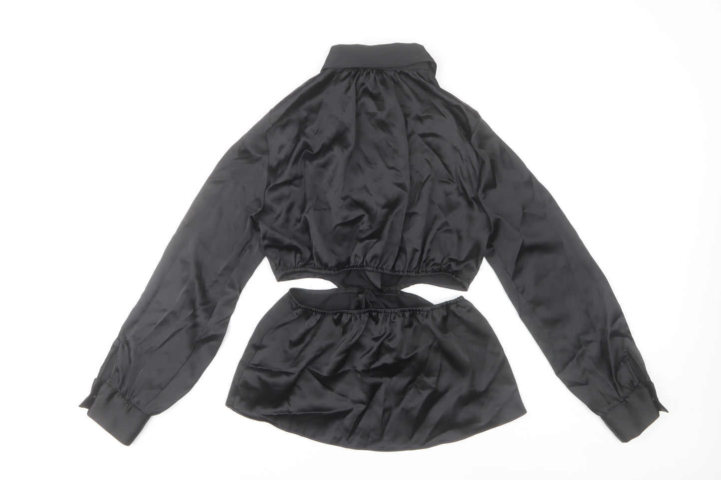 Zara Women Black Satin Cropped Button-Up Shirt Size S