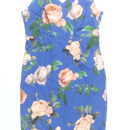 Hallhuber Women Blue Floral Sheath Dress Size 10 V-Neck Sleeveless