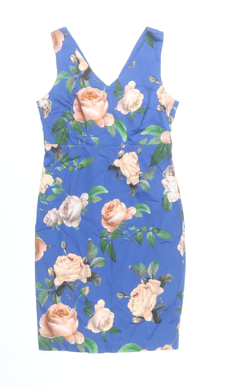 Hallhuber Women Blue Floral Sheath Dress Size 10 V-Neck Sleeveless