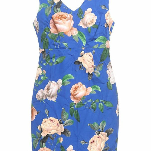 Hallhuber Women Blue Floral Sheath Dress Size 10 V-Neck Sleeveless