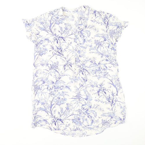 H&M Women’s White Blue Floral Viscose Shift Dress M Short Sleeve Casual