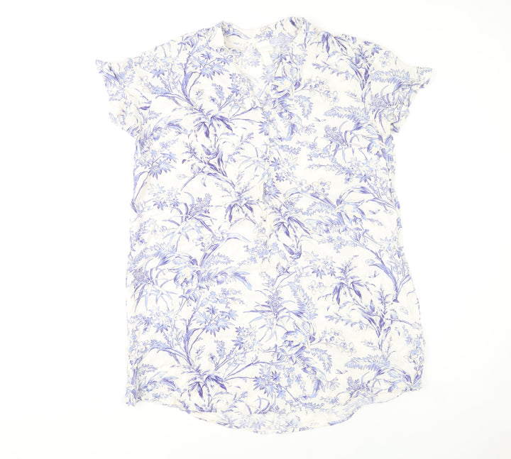 H&M Women’s White Blue Floral Viscose Shift Dress M Short Sleeve Casual