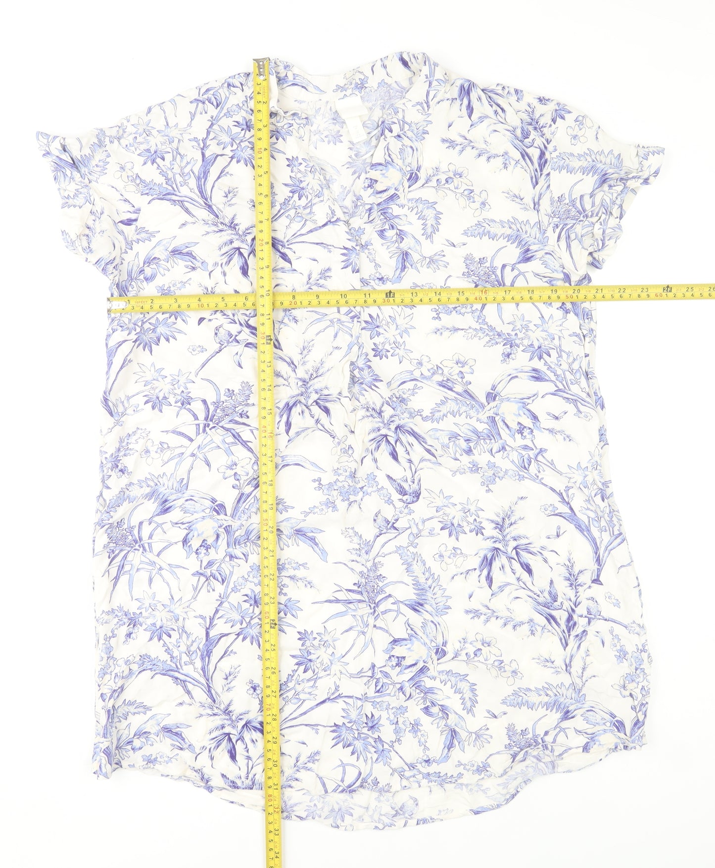 H&M Women’s White Blue Floral Viscose Shift Dress M Short Sleeve Casual