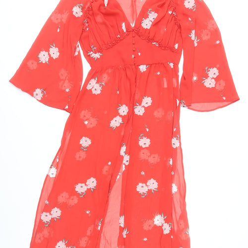 H&M Women Red Floral Midi A-Line Dress Size 8 V-Neck Long Sleeve