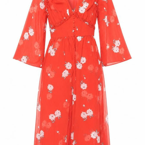 H&M Women Red Floral Midi A-Line Dress Size 8 V-Neck Long Sleeve