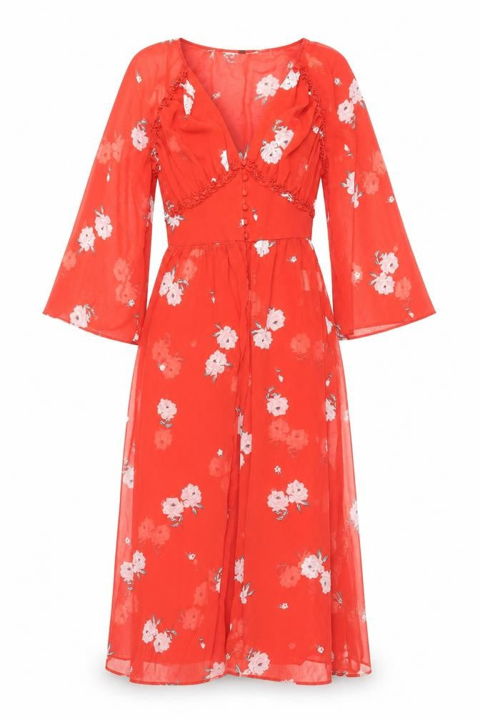H&M Women Red Floral Midi A-Line Dress Size 8 V-Neck Long Sleeve