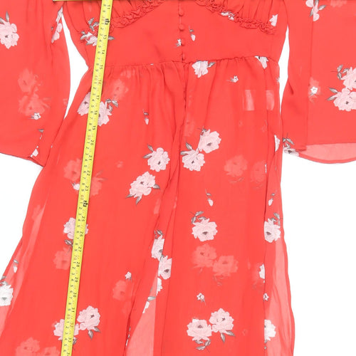 H&M Women Red Floral Midi A-Line Dress Size 8 V-Neck Long Sleeve