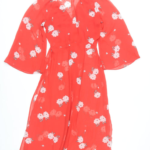 H&M Women Red Floral Midi A-Line Dress Size 8 V-Neck Long Sleeve