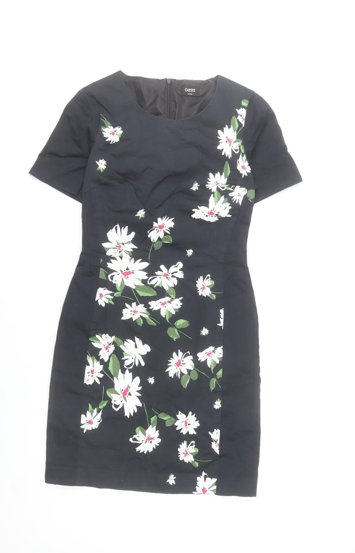 Oasis Women’s Black Floral Sheath Dress Size 8 Short Sleeve Lined