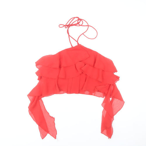 Stradivarius Women Red Halter Cropped Ruffle Chiffon Top Size 10