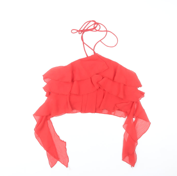 Stradivarius Women Red Halter Cropped Ruffle Chiffon Top Size 10
