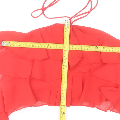 Stradivarius Women Red Halter Cropped Ruffle Chiffon Top Size 10