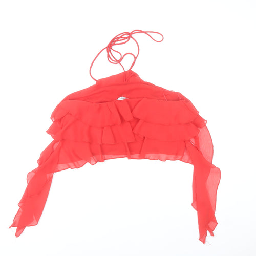 Stradivarius Women Red Halter Cropped Ruffle Chiffon Top Size 10