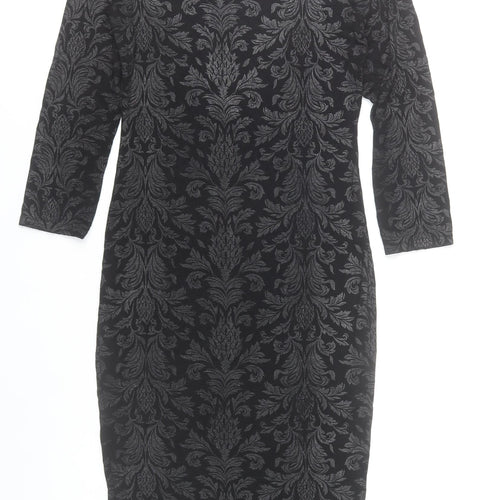 Select Womens Black Damask Bodycon Dress Size 8 3/4 Sleeve Scoop Neck