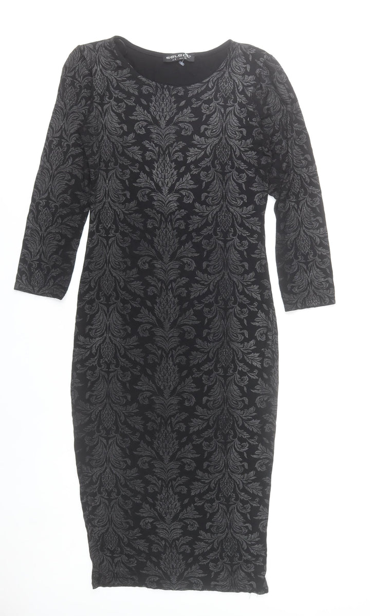 Select Womens Black Damask Bodycon Dress Size 8 3/4 Sleeve Scoop Neck