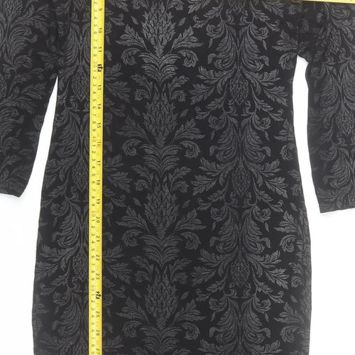 Select Womens Black Damask Bodycon Dress Size 8 3/4 Sleeve Scoop Neck