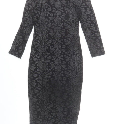 Select Womens Black Damask Bodycon Dress Size 8 3/4 Sleeve Scoop Neck