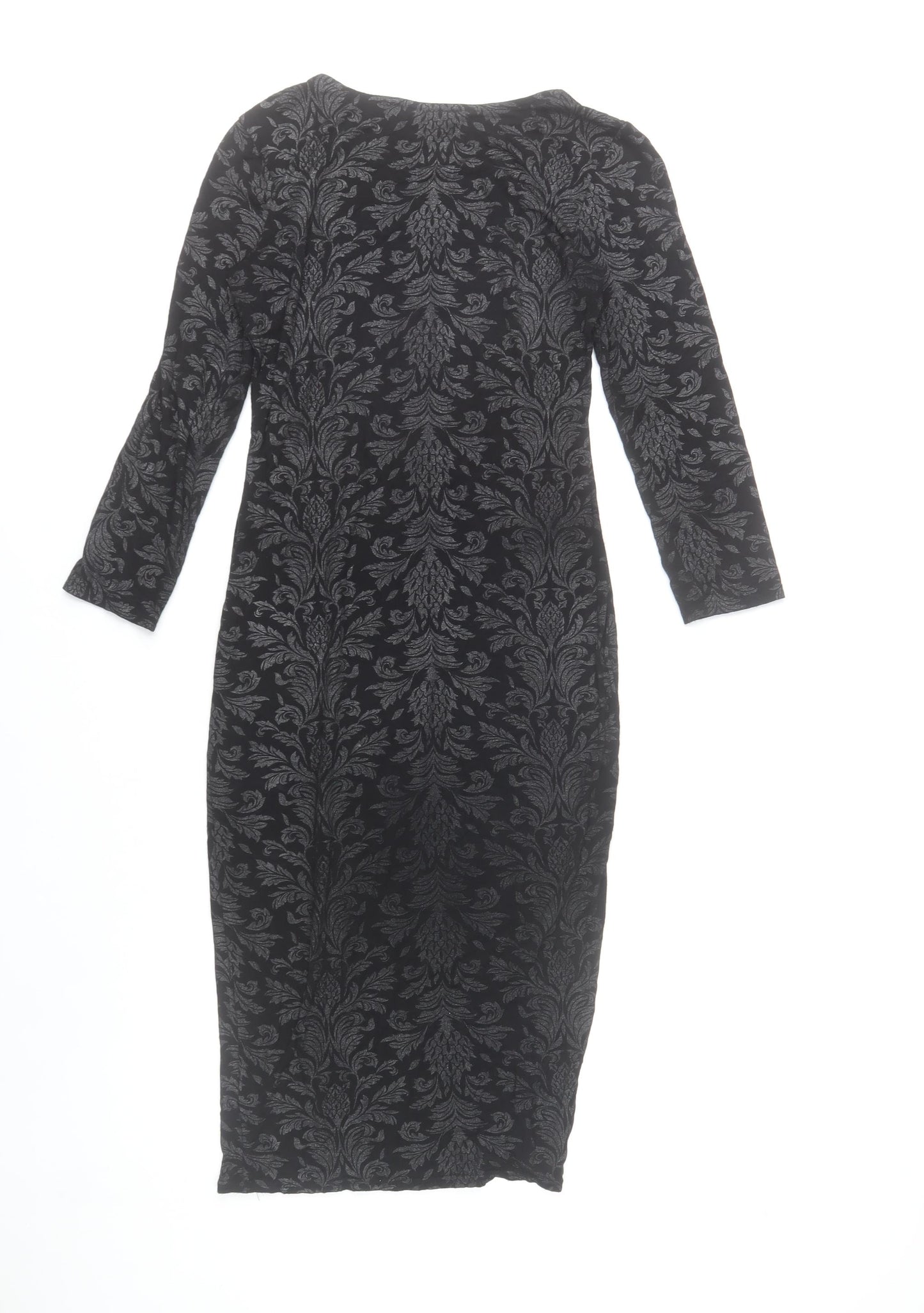 Select Womens Black Damask Bodycon Dress Size 8 3/4 Sleeve Scoop Neck