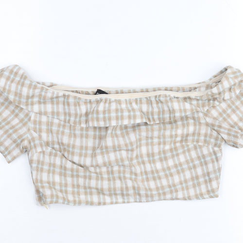 PrettyLittleThing Women’s Beige Check Off Shoulder Cropped Blouse Size 10