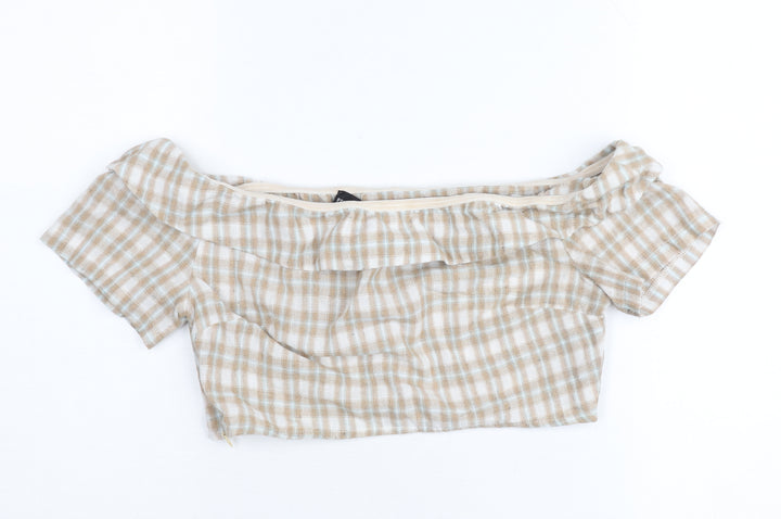 PrettyLittleThing Women’s Beige Check Off Shoulder Cropped Blouse Size 10