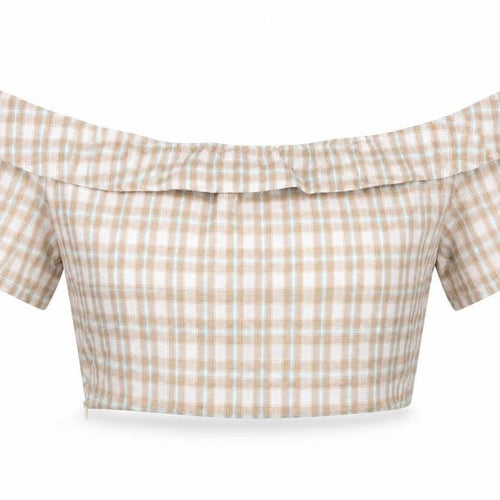 PrettyLittleThing Women’s Beige Check Off Shoulder Cropped Blouse Size 10