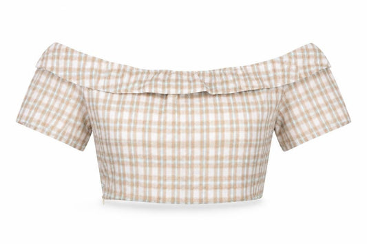 Front view of PRETTYLITTLETHING Women’s Beige Check Off Shoulder Cropped Blouse, size UK 10