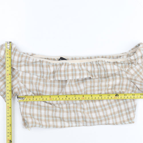 PrettyLittleThing Women’s Beige Check Off Shoulder Cropped Blouse Size 10