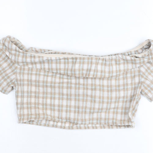 PrettyLittleThing Women’s Beige Check Off Shoulder Cropped Blouse Size 10