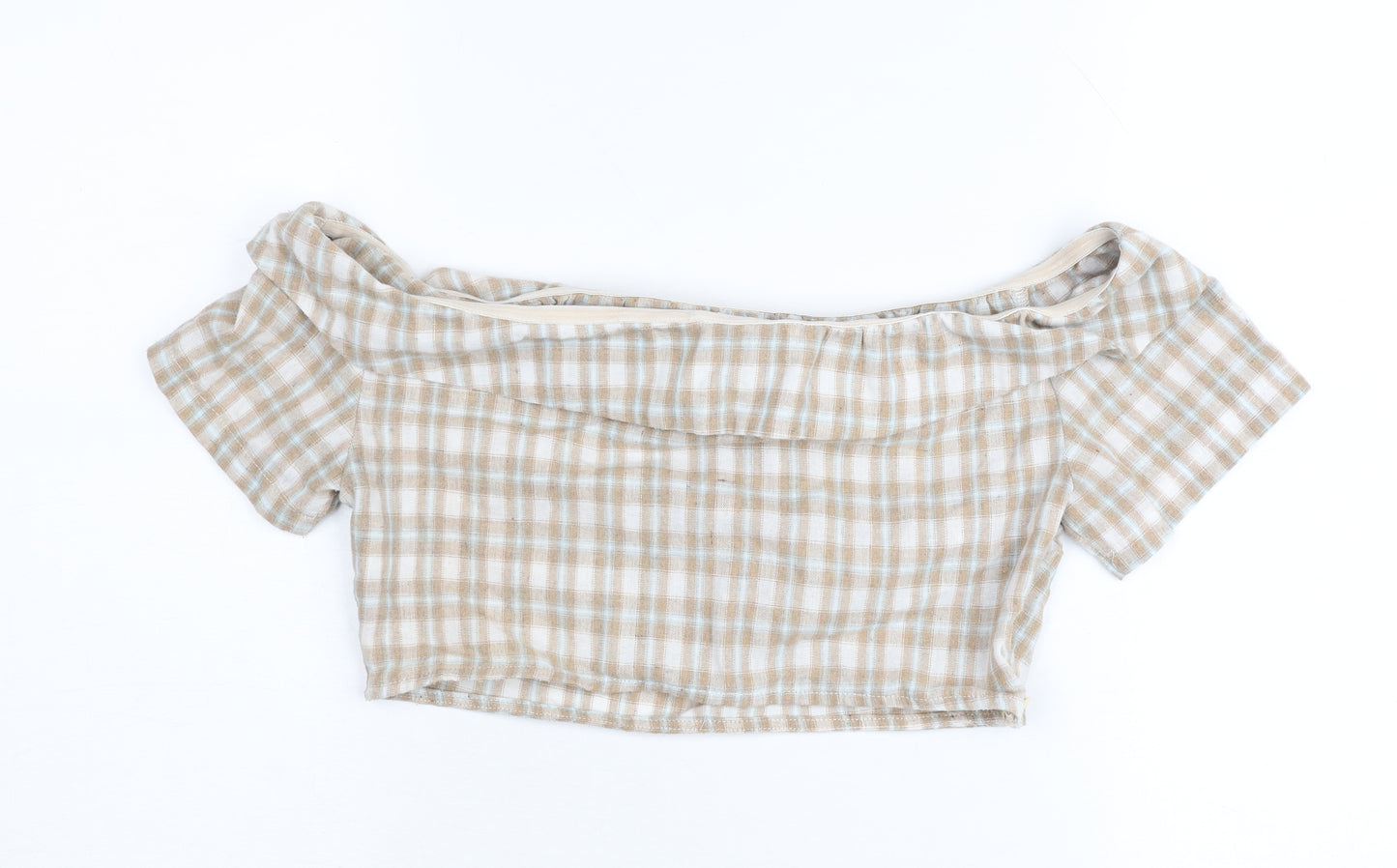PrettyLittleThing Women’s Beige Check Off Shoulder Cropped Blouse Size 10