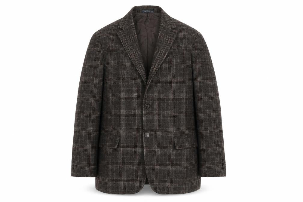 Front view of Benvenuto Men's Brown Check Wool Blazer Jacket, size 42, Regular