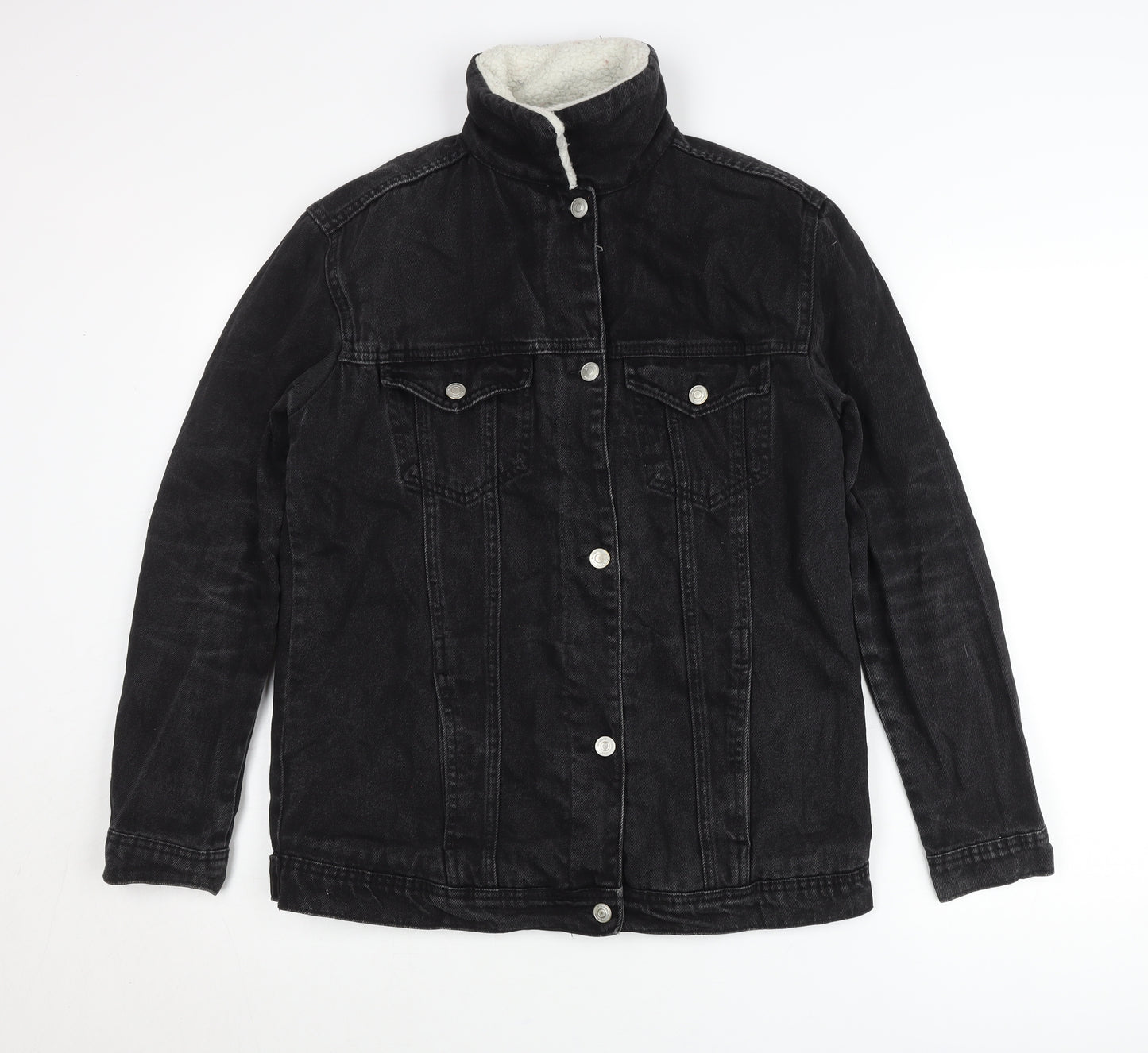 Stradivarius Womens Black Denim Jacket Size 8 Lined Casual