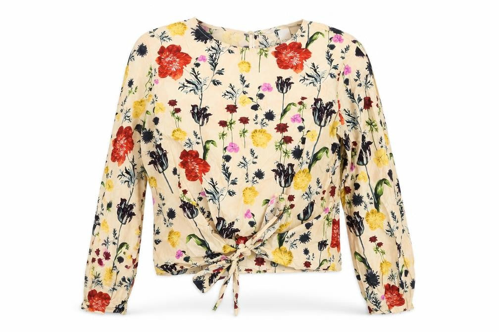 Front view of H&M women’s multicoloured floral cotton wrap blouse, size UK 6