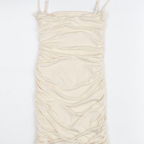 Oh Polly Women’s Ivory Ruched Bodycon Dress UK 6 Sleeveless Party