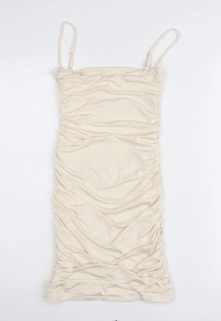 Oh Polly Women’s Ivory Ruched Bodycon Dress UK 6 Sleeveless Party